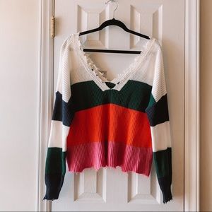 Frayed Trim Colorblock Drop Shoulder Sweater